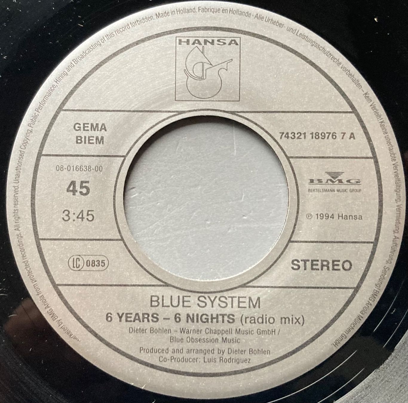 Vinyles: BLUE SYSTEM - 6 YEARS - 6 NIGHTS – D'occasion à Poliez-Pittet par Newtown-Records 2