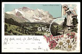 Lithographie Wengen, Jungfrau von Wengen aus gesehen, Tracht