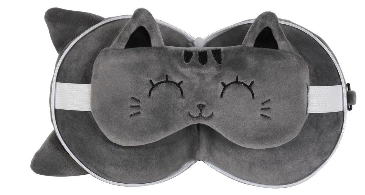 Cuscini: OREILLER DE VOYAGE & MASQUE DE NUIT CHAT GRIS – Nuovo e nell'imballaggio originale da Châtelaine venduto da suisseshopping 1