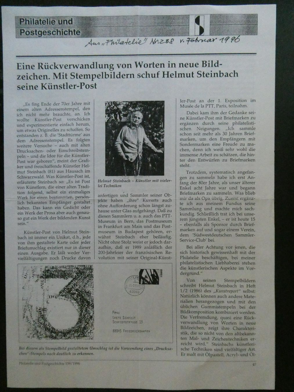 Tutti i francobolli: Original Helmut Steinbach Kunstkuvert, wertvoll – Usato da Lausen venduto da Herbamare01 2