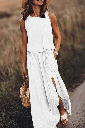 Giselle Maxikleid locker mit Schlitz, weiss, Gr. S, NEU