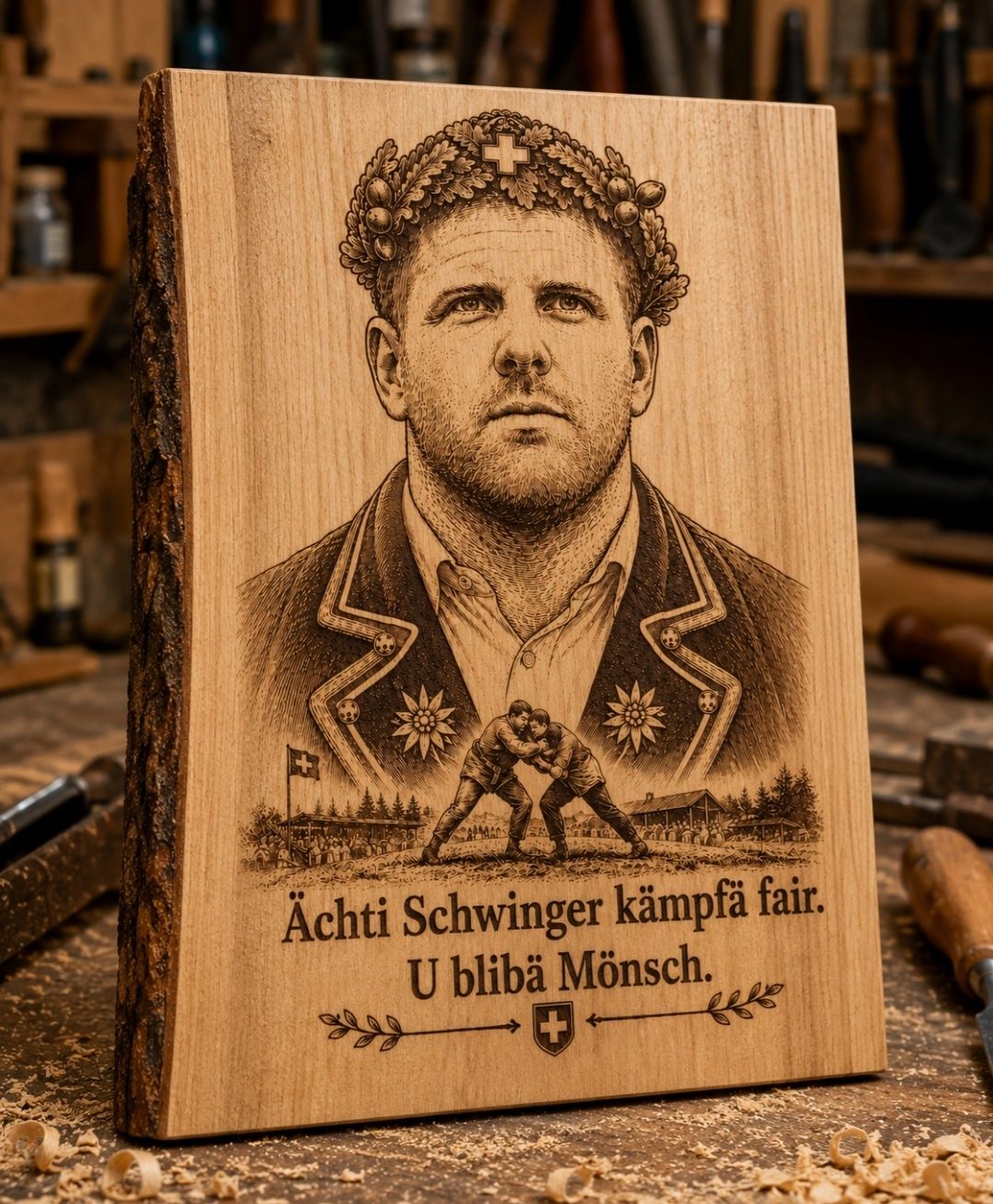 Holzartikel: Ächti Schwinger kämpfä fair. U blibä Mönsch. – Neu und originalverpackt aus Eggiwil von WQ_Emmental