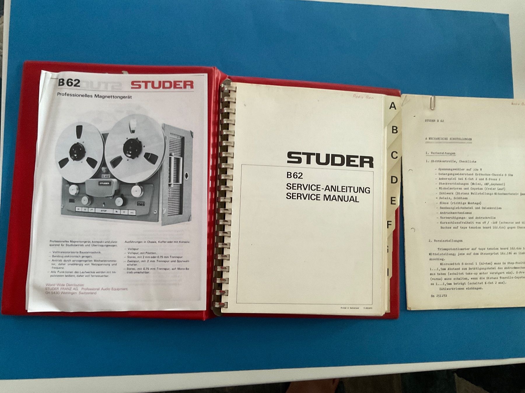 Studer Bandmaschinen: Studer B 62 Serviceanleitung – Gebraucht aus Langenthal von RronJora