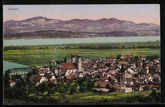 Cartoline postali: Lachen /SZ, Gesamtansicht mit Kirche und – Usato da Berlin venduto da bartko-reher