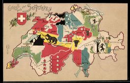 Lithographie Karte der Schweiz mit den verschiedenen Regione