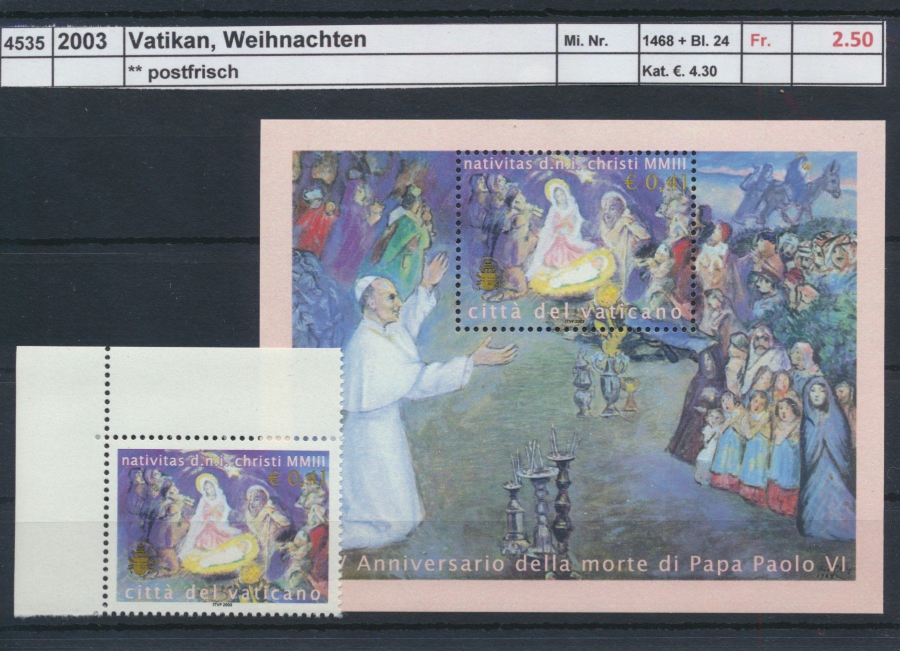 Tutti i francobolli: 2003 Vatikan, "Weihnachten", ** postfrisch – Nuovo (secondo la descrizione) da Winterthur venduto da Zupogeru