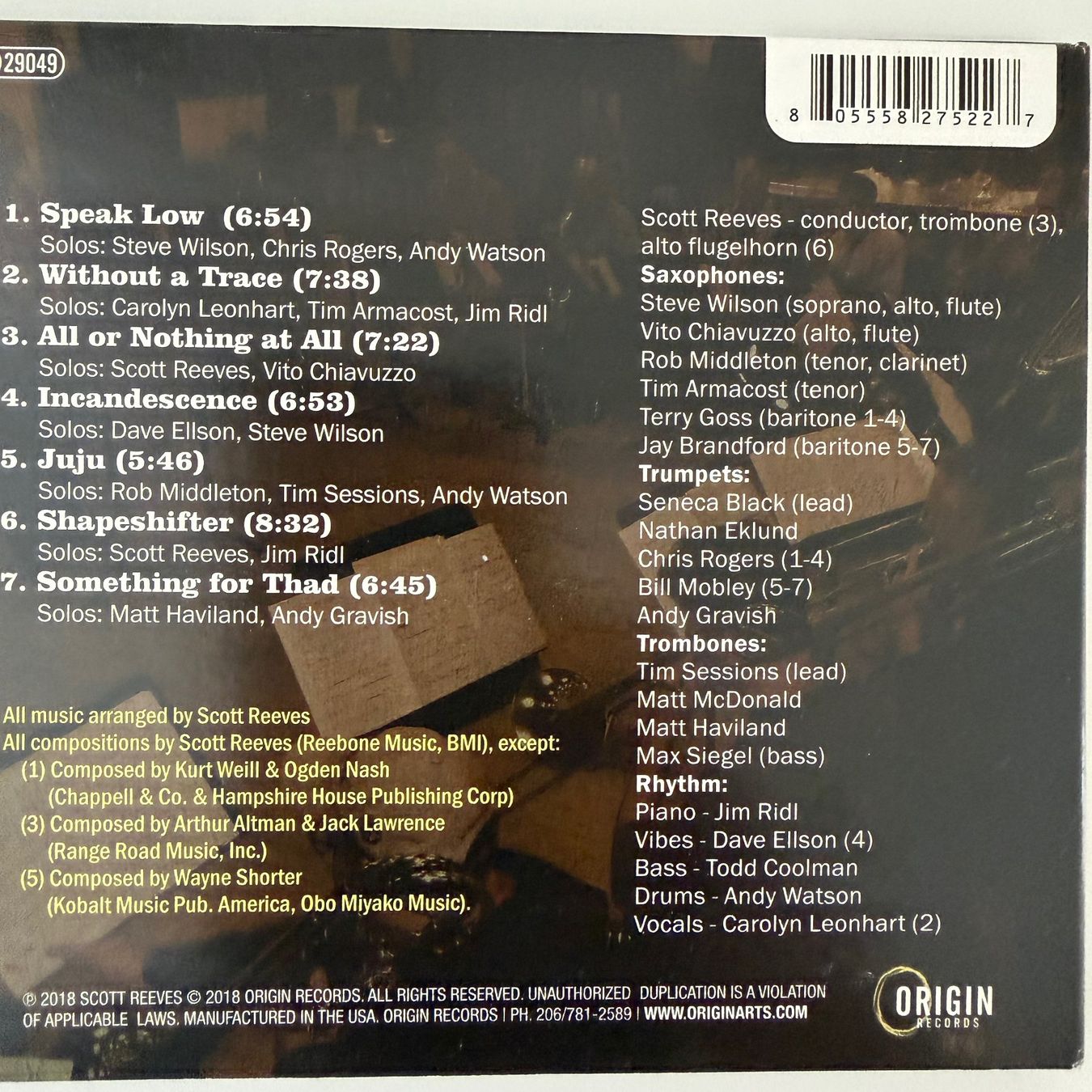 CD: Scott Reeves, Without A Trace (CD Origin) Steve Wilson – Usato da Zug venduto da Mirare9 5