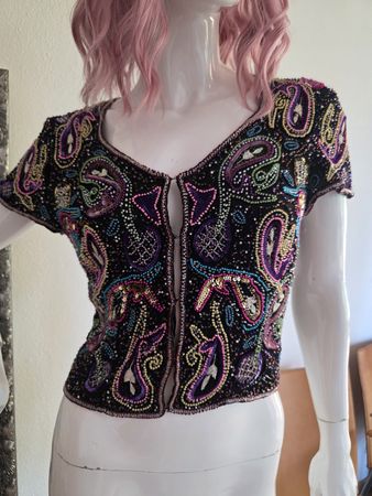 Vintage Giacca ricamata su seta taglia M con paillet perline