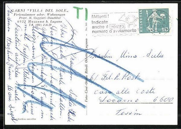 Cartoline postali: Muzzano, Garni VILLA DEL SOLE, circolata 1965 – Usato da Frauenfeld venduto da POML 1