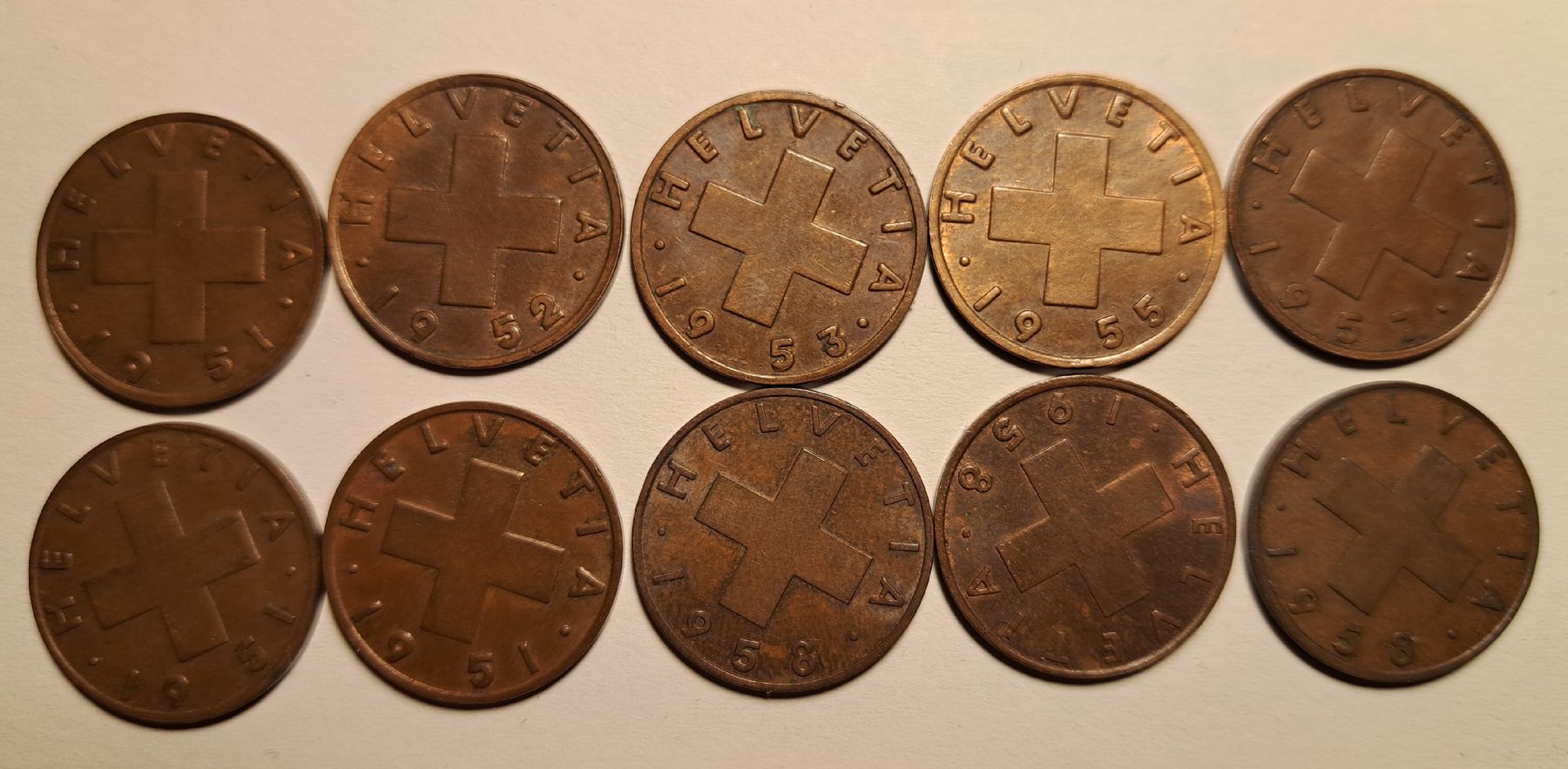 Alle Münzen: 2 centimes Suisse / lot de 10 pièces – Gebraucht aus St-Imier von supernova21
