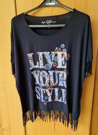 CANDA Shirt „Live your style“ mit Fransen am Saum und Arm XL