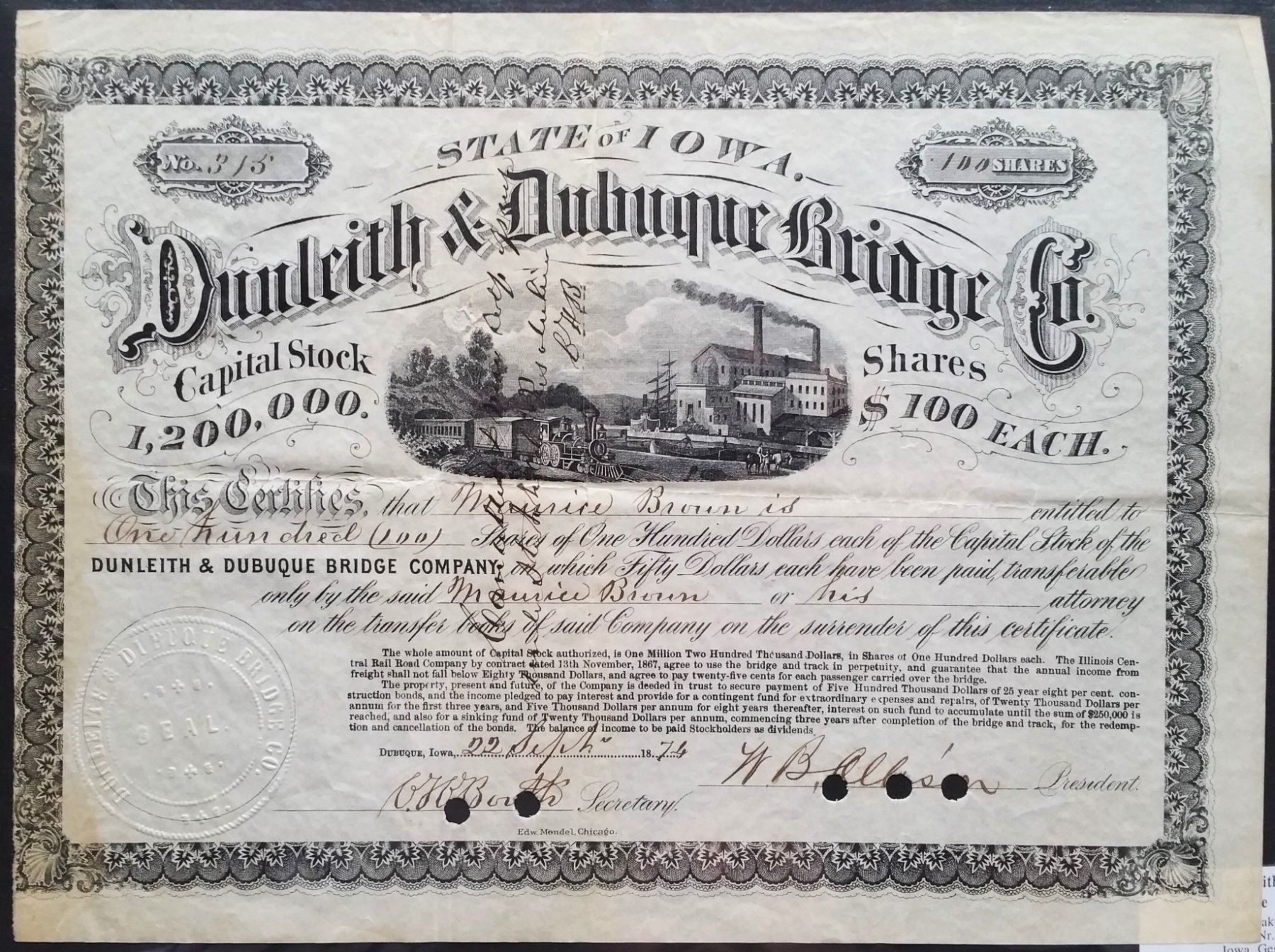 Documenti: Aktie: Dunleith & Dubuque Bridge Company 1874 – Usato da Oberriet SG venduto da ganesh435