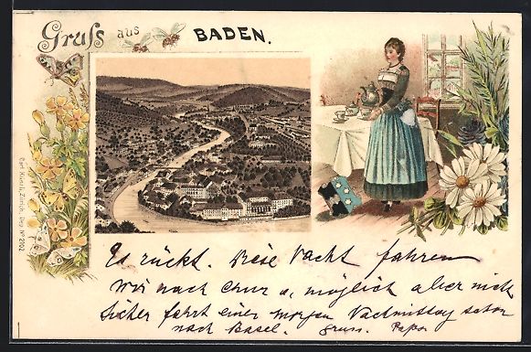Cartoline postali: Litho Baden, Ortsansicht aus der Vogelsc – Usato da Berlin venduto da bartko-reher