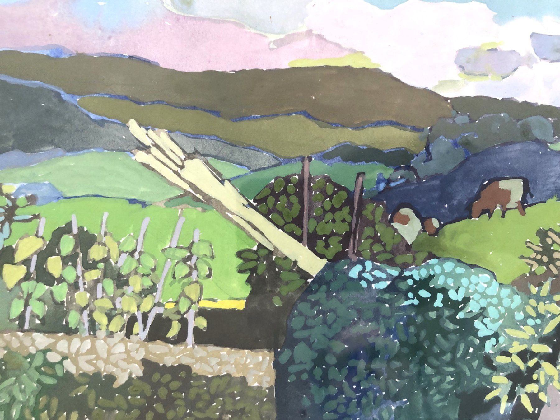 Dipinti: John Napper (1916-2001) - Gouache - "Landscape with cows" – Usato da Schaffhausen venduto da durruti 2
