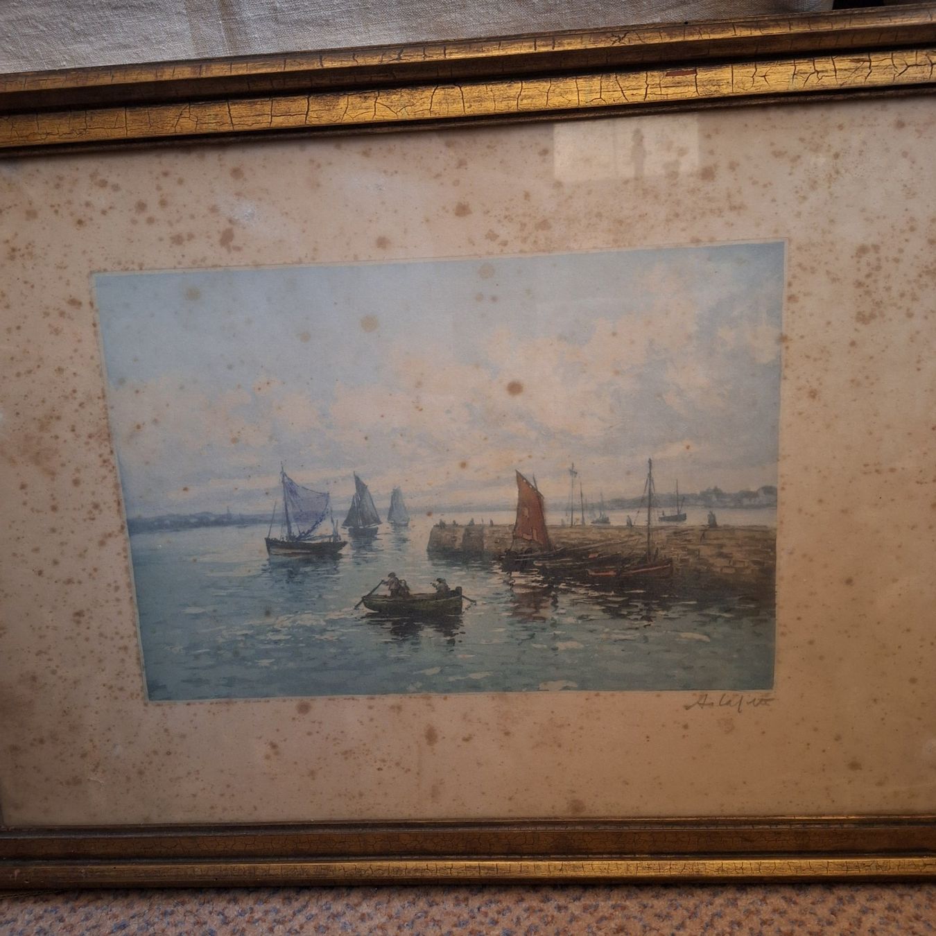 Foto & Immagini: Antikes Bild, See mit Steg, Segelschiff, Boot – Usato da Winterthur venduto da Goldpipau 1