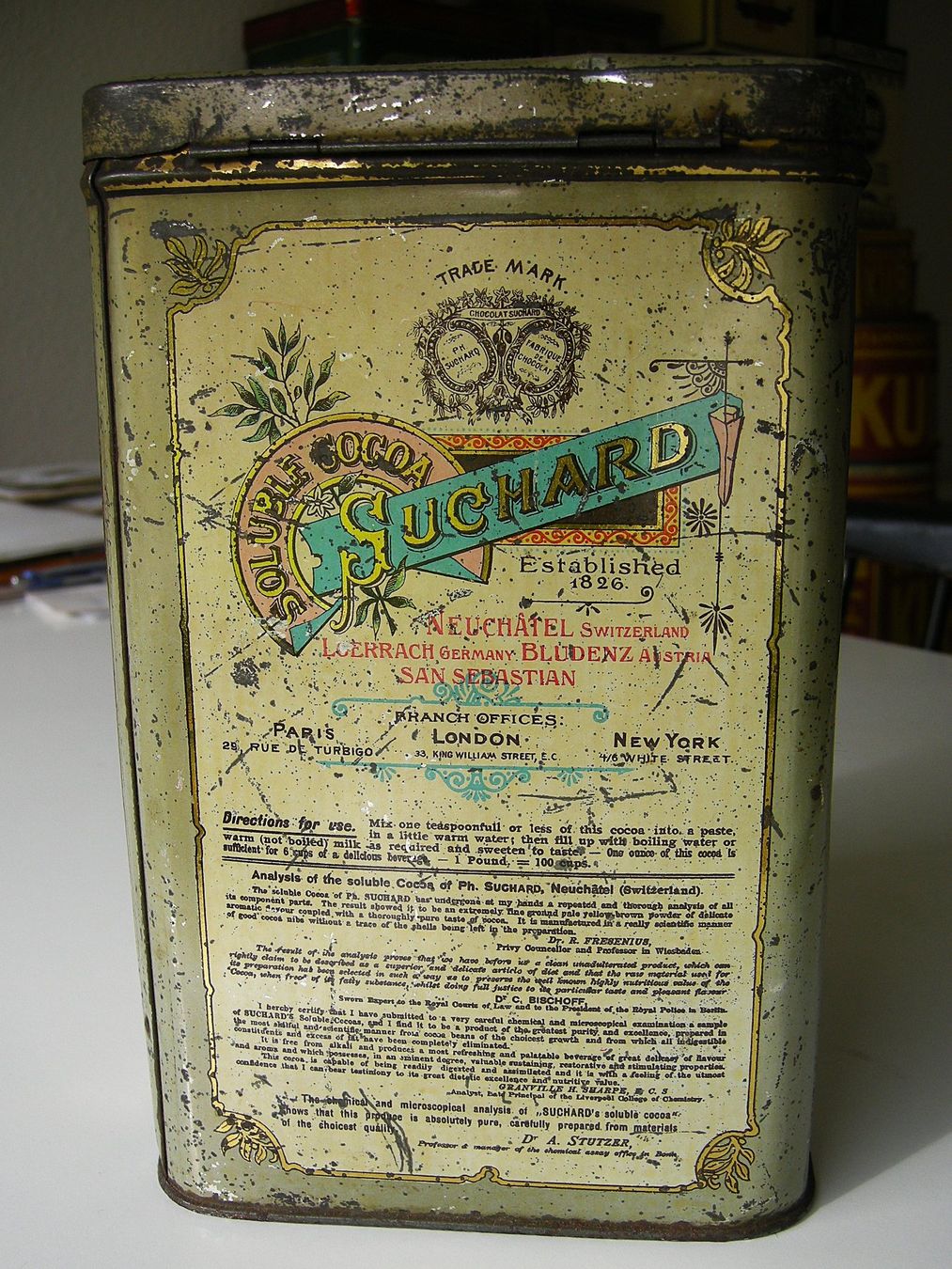 Suchard Barattoli: antike Blechdose Suchard Cacao – Usato da Luzern venduto da chf_zvb8 2