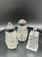 Vintage Crystal Salt & Pepper Set, Shakers & Jar! Glass.