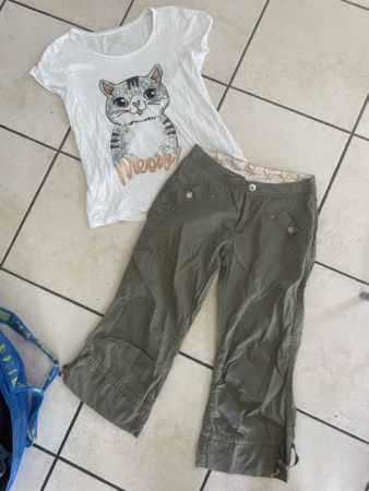 T-Shirt mit Katze & Cargohose khaki Gr.164 Sommer set