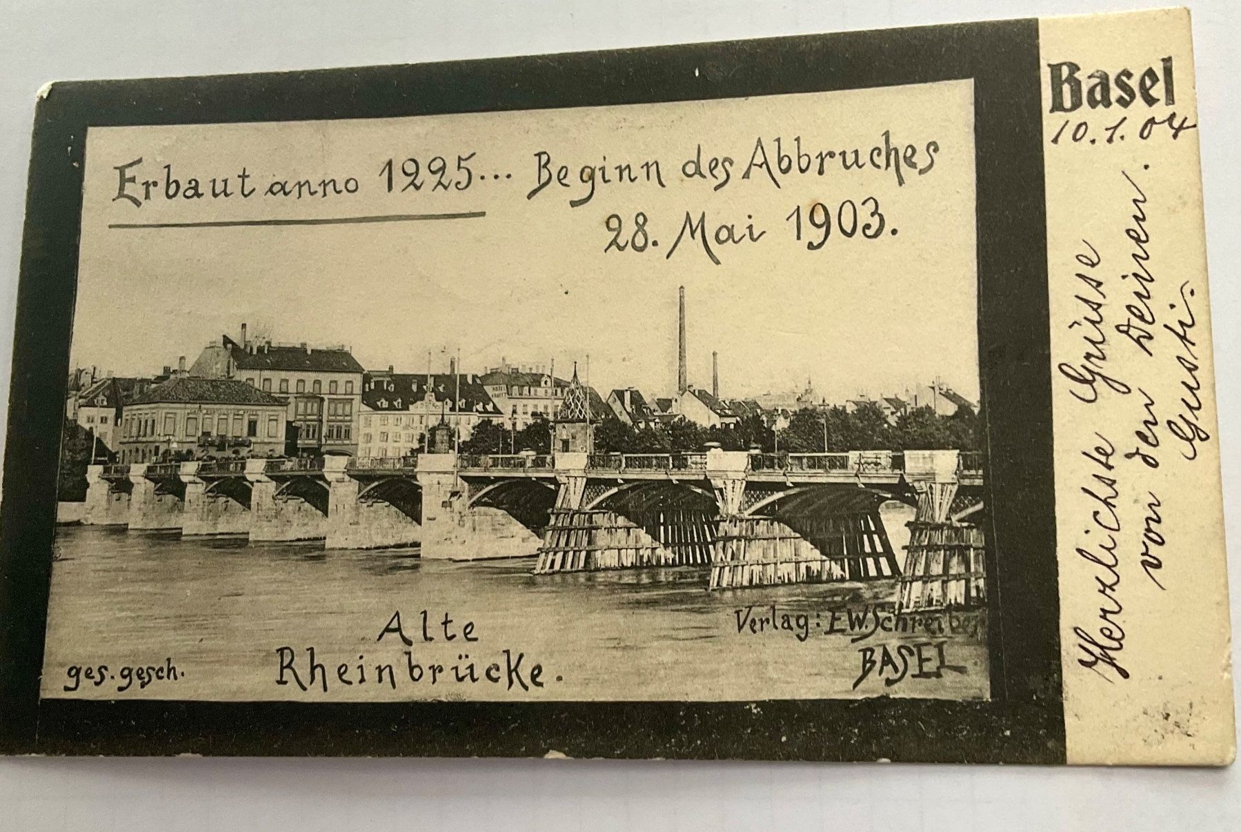 Ansichtskarten: Basel alte Rheinbrücke 1904, Beginn Abbruch 1903 – Gebraucht aus schlieren von Retton