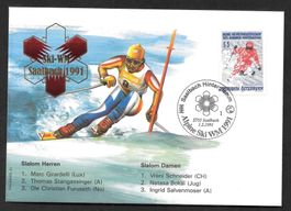 Sonderbrief Ski WM 1991 Saalbach Medaillen Slalom 1.2.1991
