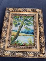 Ölgemälde im Goldrahmen, Flusslandschaft, Vintage Stil