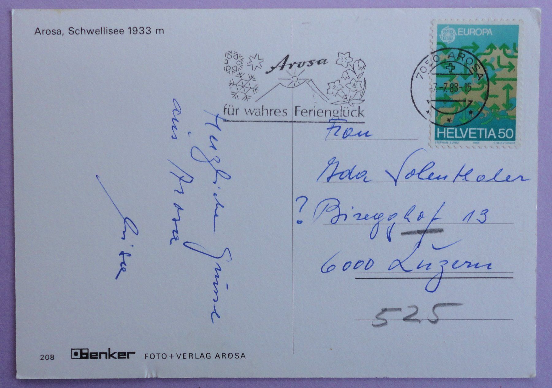 Cartoline postali: Arosa, Schwellisee 1933 m – Usato da Fétigny venduto da Billy2miny 1