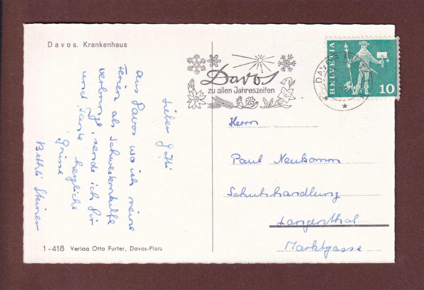 Ansichtskarten: DAVOS - Krankenhaus - 1961 – Gebraucht aus Pully von nicecards 1