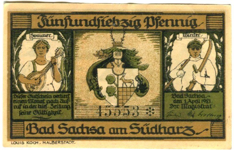 Banknoten: Notgeld "75 Pfennig. Bad Sachsa 1921" – Gebraucht aus Basel von Butsch5 1
