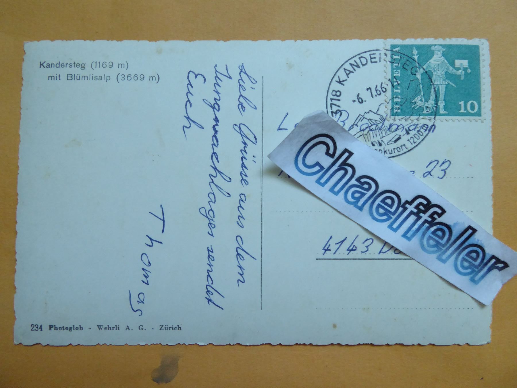Cartoline postali: 1966 Kandersteg mit Blümlisalp – Usato da Zürich venduto da Chaeffeler 1