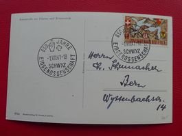 1941: B13 saubere Postkarte von SCHWYZ: 1.AUG.41.