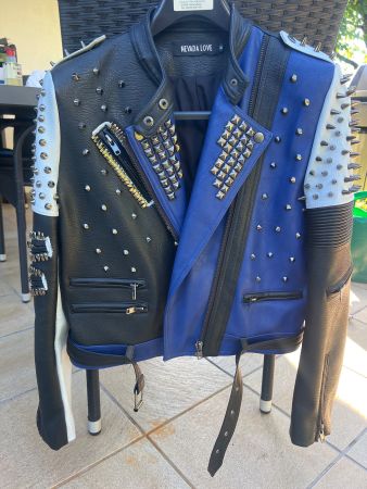 Leder Jacke „Punk Style“ Gr. S Blau/weiss