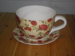 Blumentopf - Tasse mit Teller , m. Rosendekor / Deko - Tasse