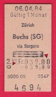 KARTON BILLETT, ZÜRICH - BUCHS (SG), 2.KLASSE, RETOUR