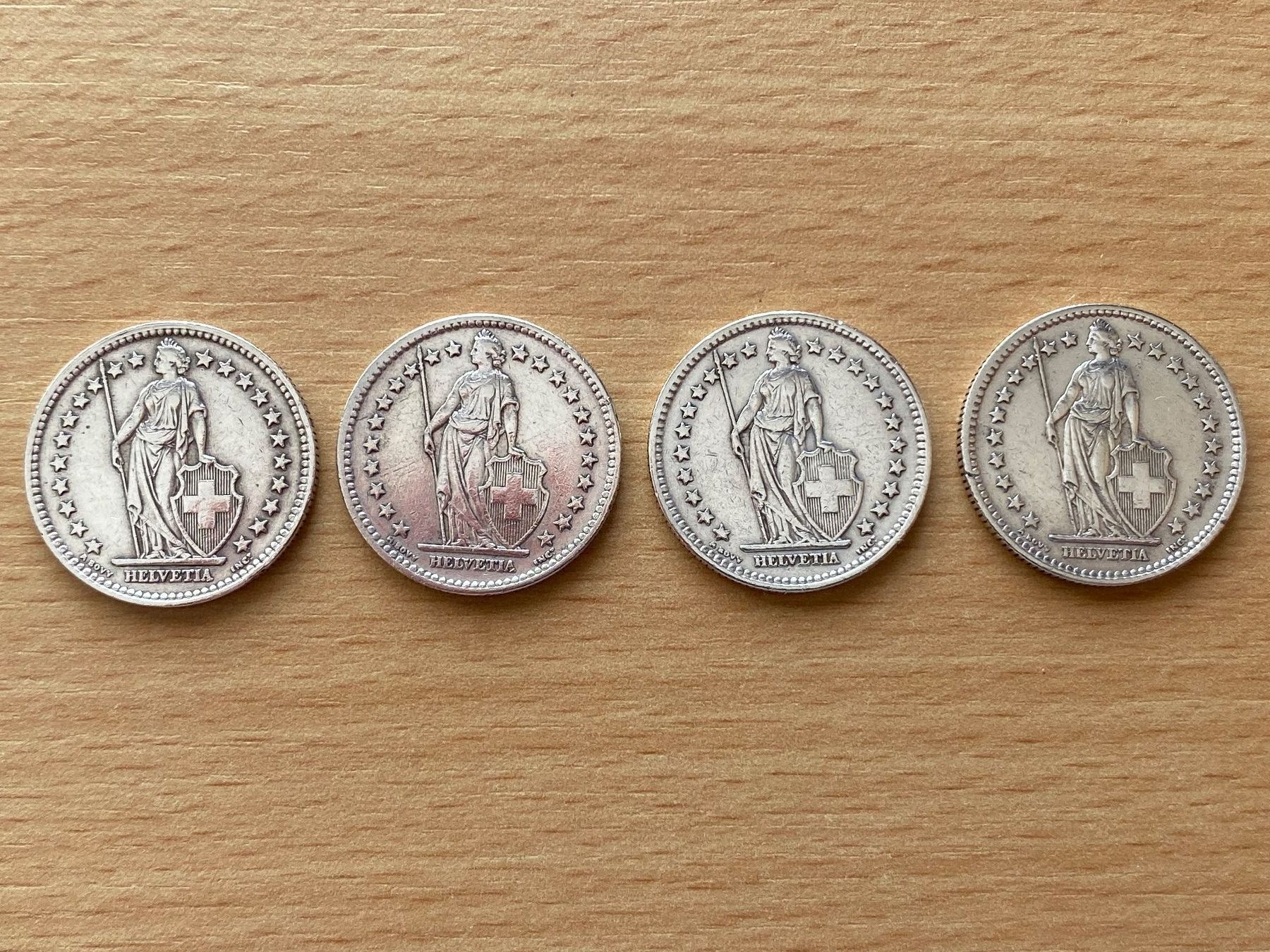 Alle Münzen: Silbergeld 4 x 2 Franken / 3 x 1944, 1 x 1948 – Gebraucht aus Appenzell Meistersrüte von zongabolla 1