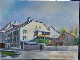Toile maisons villageoises signé A.Marti
