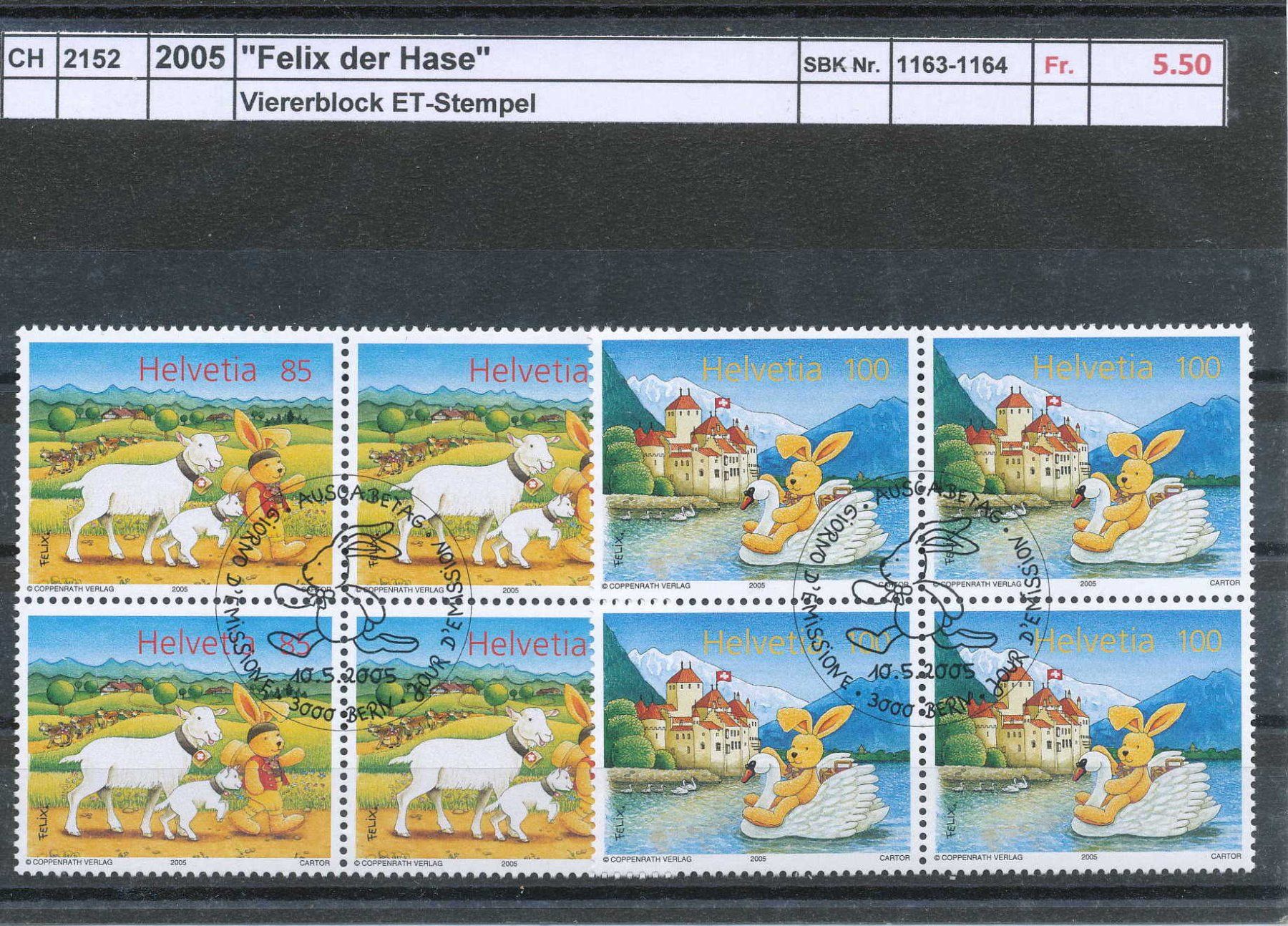 Tutti i francobolli: 2005 "Felix der Hase" - Viererblock, gestempelt – Usato da Winterthur venduto da Zupogeru