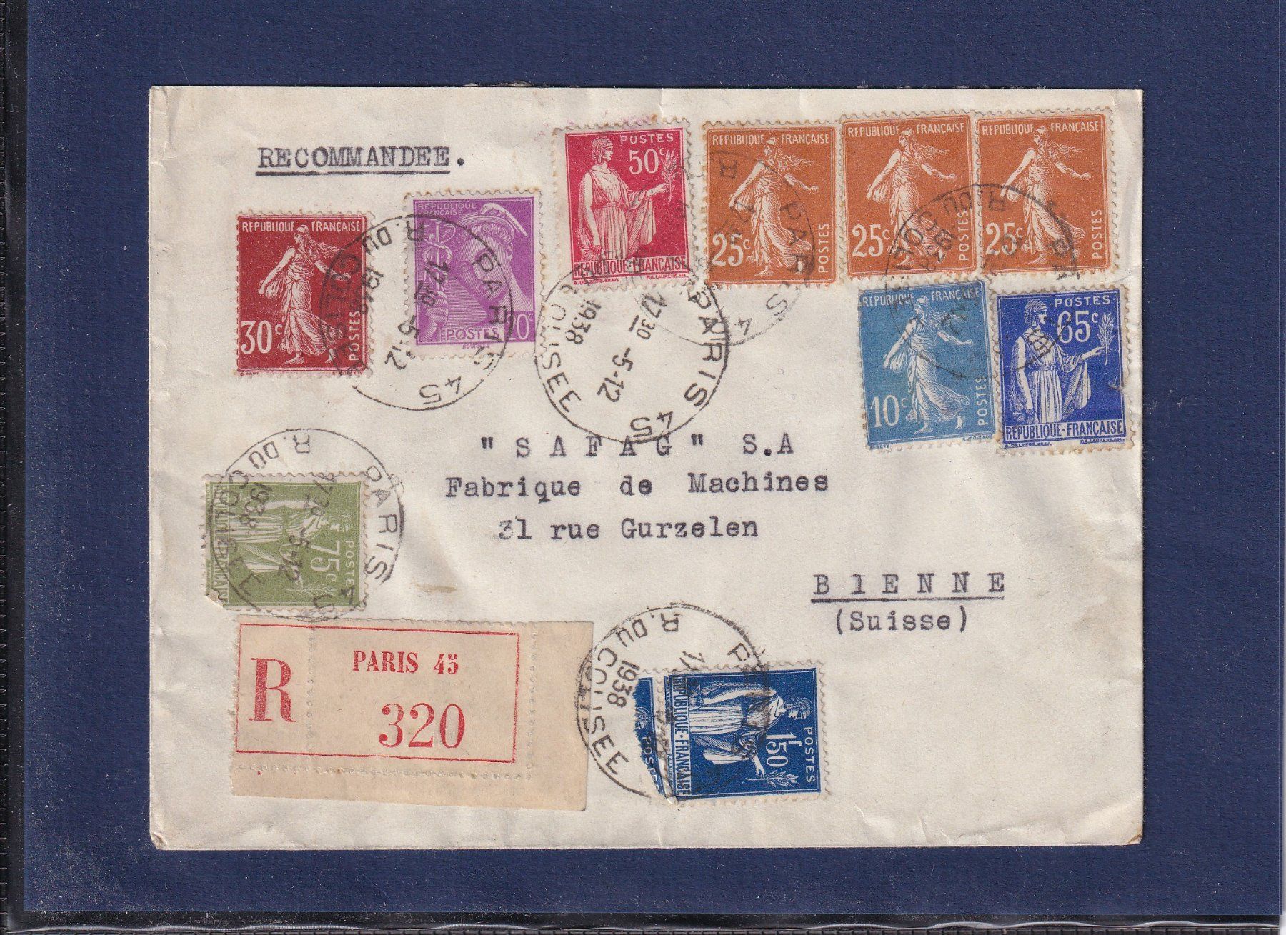 Alle Briefmarken: Recommandé - Paris (F) - Bienne - Gurzelen (CH) 1938 – Gebraucht aus Orvin von Pyaeschli