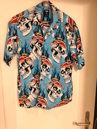 FSBN Hemd Kurzarm Totenkopf Motiv blau XS Oversized Fit