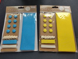 2 Pack textile Stoff, Band, Blau Gelb, Knöpfe Neu Gorex
