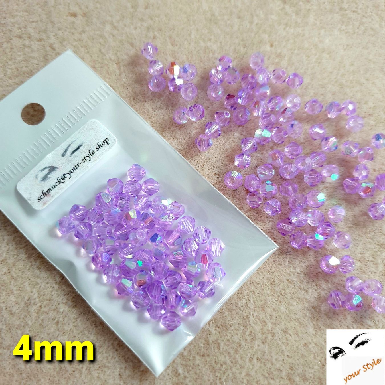Perle (finte): 50 Stk. Glas- Perlen 4mm flieder AB – Nuovo e nell'imballaggio originale da Oberglatt ZH venduto da -your-Style- 2