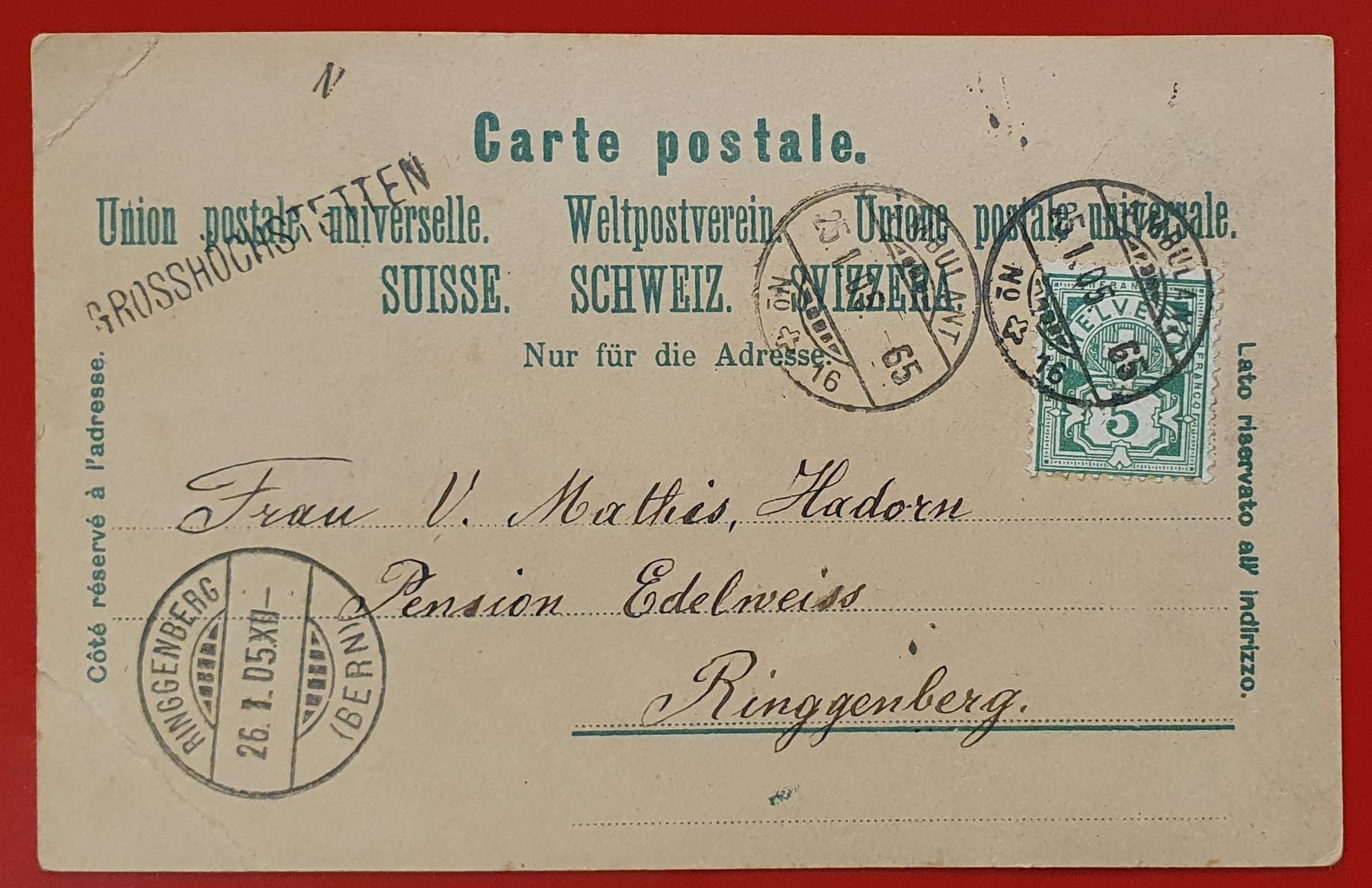 Ansichtskarten: Gruss aus Grosshöchstetten, BE. 1905 – Gebraucht aus Kreuzlingen von Rschweiz1 1