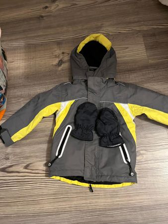 Winterjacke mit Handschuhen, grau/gelb, Grösse 98 Top!