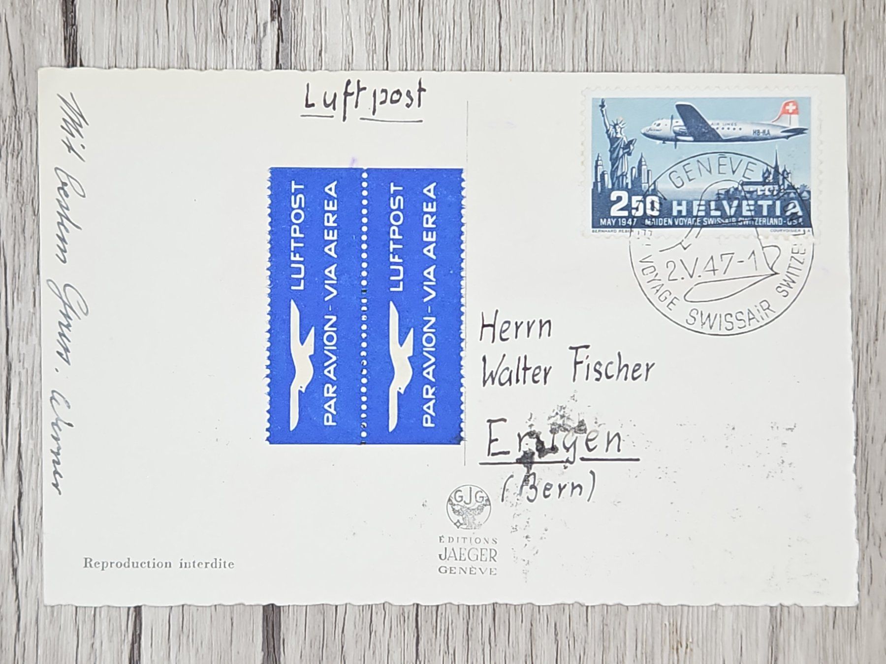 Tutti i francobolli: CL13 Carte Postale  + Timbre Suisse 1947 – Usato da Cousset venduto da Patrick_Collections