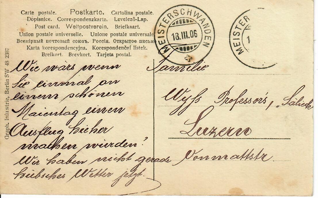 Cartoline postali: Gruss aus Meisterschwanden 1906 – Usato da Hochdorf venduto da Ziegel-16 1