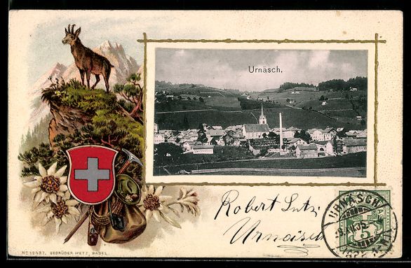 Cartoline postali: Urnäsch, Ortsansicht mit Kirche, Wappen – Usato da Berlin venduto da bartko-reher