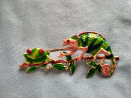 Brosche Chamäleon und Frosch bunt metallfarben neu
