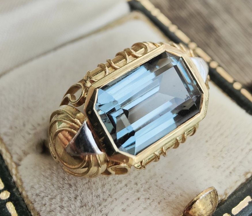 Antik Art Deco Ring blau-grüner Spinell Gold 14kt 585