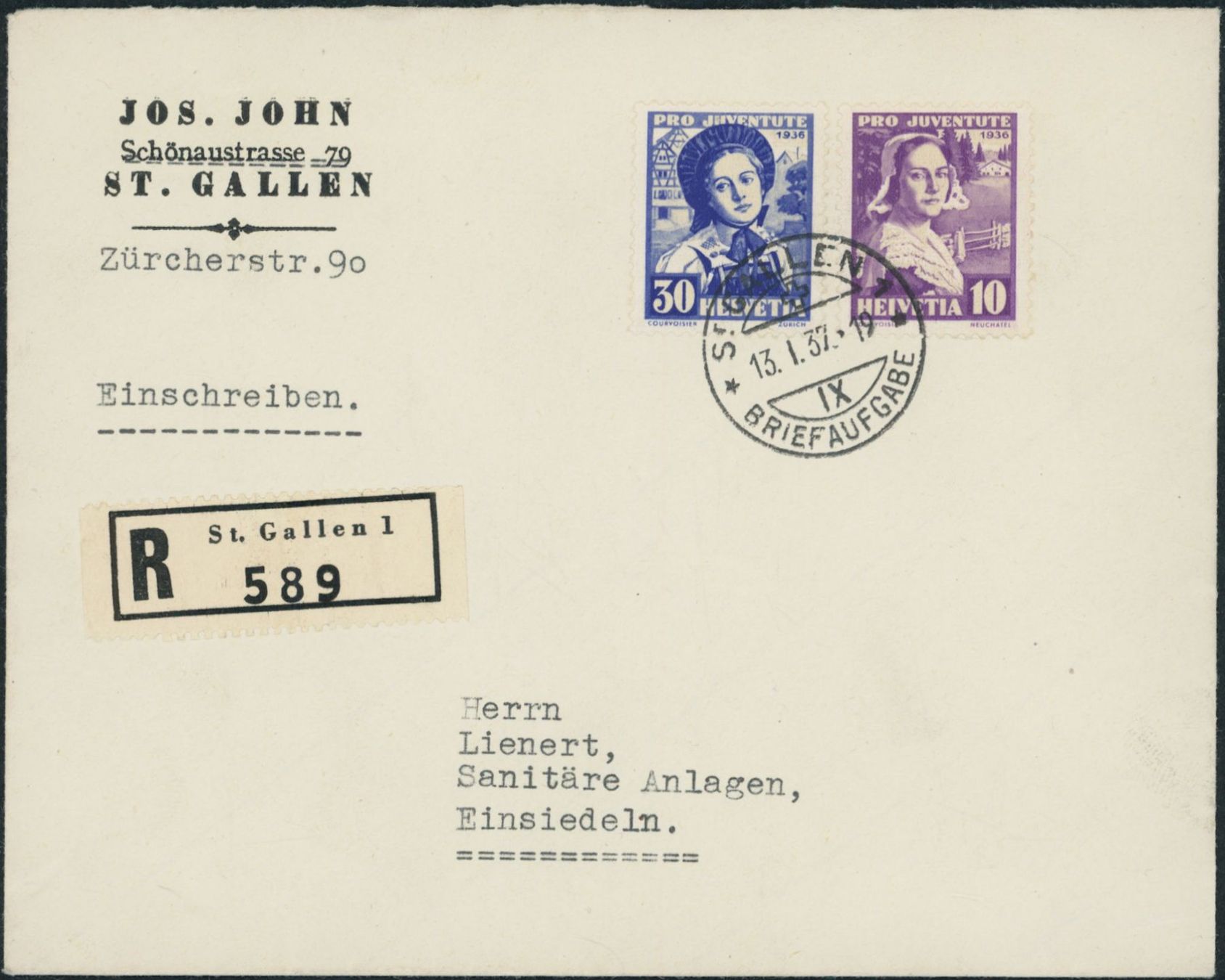 Tutti i francobolli: 1936 - Pro Juventute - R Brief - BFr – Usato da Schindellegi venduto da leecollect