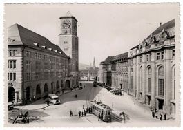 St. Gallen Bahnhofplatz Tram Postauto Oldtimer gelaufen 1941