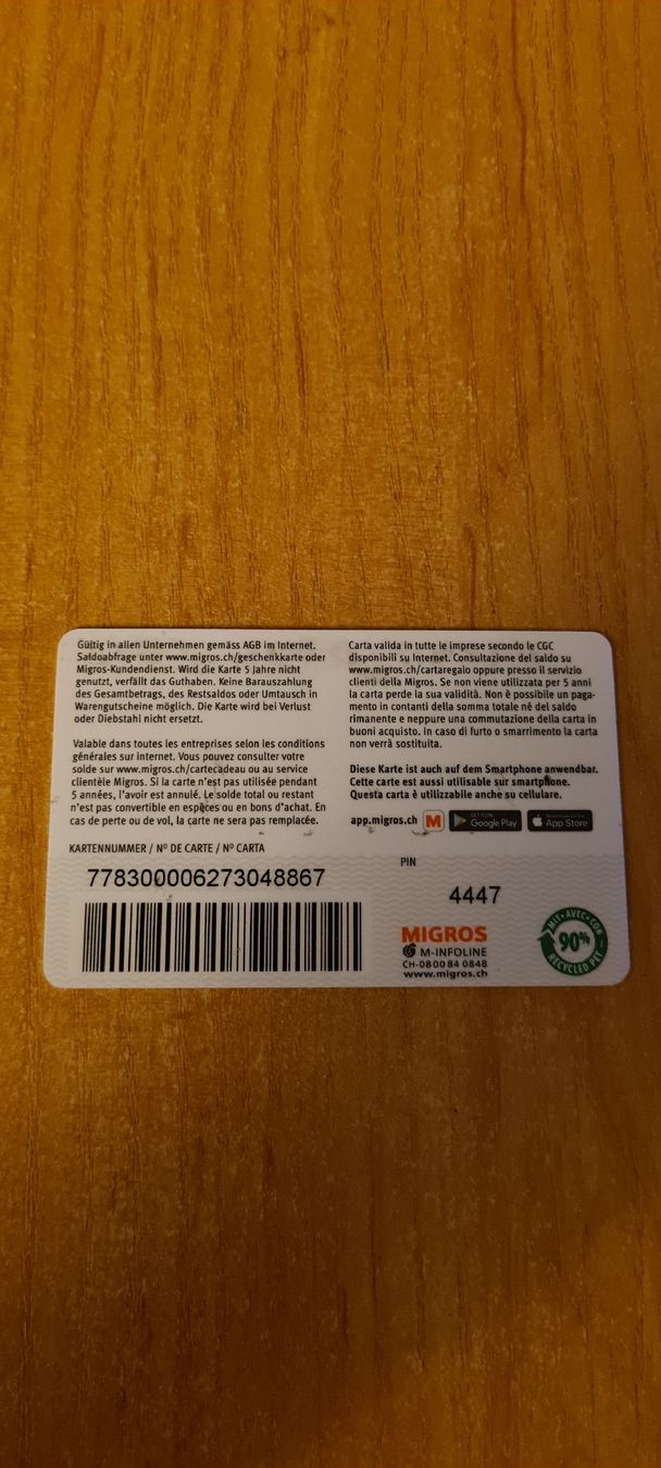 Cartoline: Migros Geschenkkarte  – Usato da Heiligkreuz (Mels) venduto da Wini65 1